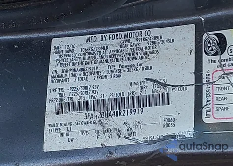 2011 Ford Fusion Se из США, поврежденный, VIN 3FAHP0HA4BR219919